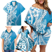 Hawaii Puakenikeni And Maile Lei Family Matching Off Shoulder Short Dress and Hawaiian Shirt Blue Polynesian Shark Tattoo DT05