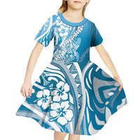 Hawaii Puakenikeni And Maile Lei Kid Short Sleeve Dress Blue Polynesian Shark Tattoo DT05 - Polynesian Pride