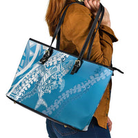 Hawaii Puakenikeni And Maile Lei Leather Tote Bag Blue Polynesian Shark Tattoo DT05