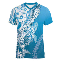 Hawaii Puakenikeni And Maile Lei Women V-Neck T-Shirt Blue Polynesian Shark Tattoo DT05 Female Blue - Polynesian Pride