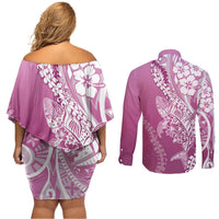 Hawaii Puakenikeni And Maile Lei Couples Matching Off Shoulder Short Dress and Long Sleeve Button Shirt Pink Polynesian Shark Tattoo DT05