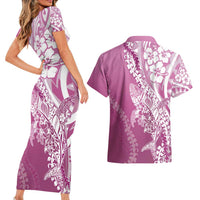 Hawaii Puakenikeni And Maile Lei Couples Matching Short Sleeve Bodycon Dress and Hawaiian Shirt Pink Polynesian Shark Tattoo DT05