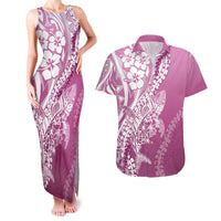 Hawaii Puakenikeni And Maile Lei Couples Matching Tank Maxi Dress and Hawaiian Shirt Pink Polynesian Shark Tattoo DT05
