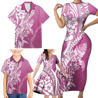 Hawaii Puakenikeni And Maile Lei Family Matching Short Sleeve Bodycon Dress and Hawaiian Shirt Pink Polynesian Shark Tattoo DT05
