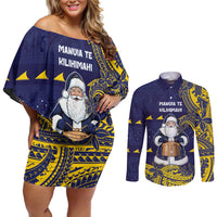 Tokelau Christmas Couples Matching Off Shoulder Short Dress and Long Sleeve Button Shirt Santa With Tuluma Xmas Tribal Waves - Polynesian Pride