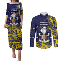 Tokelau Christmas Couples Matching Puletasi and Long Sleeve Button Shirt Santa With Tuluma Xmas Tribal Waves DT05 Navy - Polynesian Pride