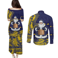 Tokelau Christmas Couples Matching Puletasi and Long Sleeve Button Shirt Santa With Tuluma Xmas Tribal Waves DT05 - Polynesian Pride