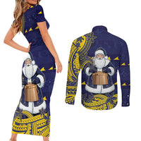 Tokelau Christmas Couples Matching Short Sleeve Bodycon Dress and Long Sleeve Button Shirt Santa With Tuluma Xmas Tribal Waves - Polynesian Pride