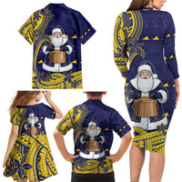 Tokelau Christmas Family Matching Long Sleeve Bodycon Dress and Hawaiian Shirt Santa With Tuluma Xmas Tribal Waves - Polynesian Pride