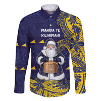 Tokelau Christmas Family Matching Long Sleeve Bodycon Dress and Hawaiian Shirt Santa With Tuluma Xmas Tribal Waves DT05 Dad's Shirt - Long Sleeve Navy - Polynesian Pride