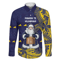 Tokelau Christmas Family Matching Mermaid Dress and Hawaiian Shirt Santa With Tuluma Xmas Tribal Waves DT05 Dad's Shirt - Long Sleeve Navy - Polynesian Pride