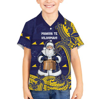Tokelau Christmas Family Matching Mermaid Dress and Hawaiian Shirt Santa With Tuluma Xmas Tribal Waves DT05 Son's Shirt Navy - Polynesian Pride