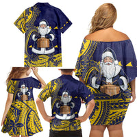 Tokelau Christmas Family Matching Off Shoulder Short Dress and Hawaiian Shirt Santa With Tuluma Xmas Tribal Waves - Polynesian Pride
