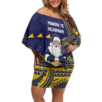 Tokelau Christmas Family Matching Off Shoulder Short Dress and Hawaiian Shirt Santa With Tuluma Xmas Tribal Waves DT05 Mom's Dress Navy - Polynesian Pride