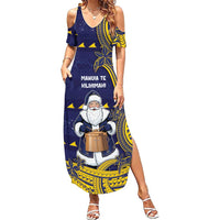 Tokelau Christmas Family Matching Summer Maxi Dress and Hawaiian Shirt Santa With Tuluma Xmas Tribal Waves DT05 Mom's Dress Navy - Polynesian Pride