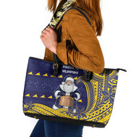 Tokelau Christmas Leather Tote Bag Santa With Tuluma Xmas Tribal Waves - Polynesian Pride