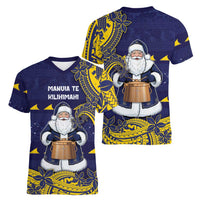Tokelau Christmas Women V-Neck T-Shirt Santa With Tuluma Xmas Tribal Waves - Polynesian Pride
