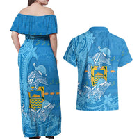 Tuvalu Christmas Couples Matching Off Shoulder Maxi Dress and Hawaiian Shirt Dolphins Santa Xmas Tribal Waves DT05 - Polynesian Pride