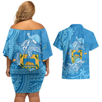 Tuvalu Christmas Couples Matching Off Shoulder Short Dress and Hawaiian Shirt Dolphins Santa Xmas Tribal Waves DT05 - Polynesian Pride