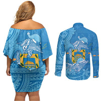 Tuvalu Christmas Couples Matching Off Shoulder Short Dress and Long Sleeve Button Shirt Dolphins Santa Xmas Tribal Waves - Polynesian Pride