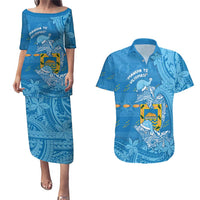 Tuvalu Christmas Couples Matching Puletasi and Hawaiian Shirt Dolphins Santa Xmas Tribal Waves DT05 Blue - Polynesian Pride