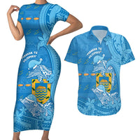 Tuvalu Christmas Couples Matching Short Sleeve Bodycon Dress and Hawaiian Shirt Dolphins Santa Xmas Tribal Waves - Polynesian Pride