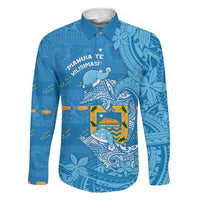 Tuvalu Christmas Family Matching Long Sleeve Bodycon Dress and Hawaiian Shirt Dolphins Santa Xmas Tribal Waves DT05 Dad's Shirt - Long Sleeve Blue - Polynesian Pride