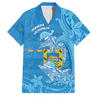 Tuvalu Christmas Family Matching Mermaid Dress and Hawaiian Shirt Dolphins Santa Xmas Tribal Waves DT05 Dad's Shirt - Short Sleeve Blue - Polynesian Pride