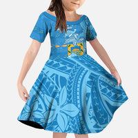 Tuvalu Christmas Family Matching Off The Shoulder Long Sleeve Dress and Hawaiian Shirt Dolphins Santa Xmas Tribal Waves DT05 Daughter's Dress Blue - Polynesian Pride