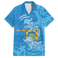 Tuvalu Christmas Family Matching Off The Shoulder Long Sleeve Dress and Hawaiian Shirt Dolphins Santa Xmas Tribal Waves DT05 Dad's Shirt - Short Sleeve Blue - Polynesian Pride