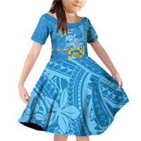 Tuvalu Christmas Family Matching Off Shoulder Short Dress and Hawaiian Shirt Dolphins Santa Xmas Tribal Waves DT05 Daughter's Dress Blue - Polynesian Pride