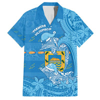Tuvalu Christmas Family Matching Off Shoulder Short Dress and Hawaiian Shirt Dolphins Santa Xmas Tribal Waves DT05 Dad's Shirt - Short Sleeve Blue - Polynesian Pride
