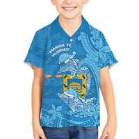 Tuvalu Christmas Family Matching Off Shoulder Short Dress and Hawaiian Shirt Dolphins Santa Xmas Tribal Waves DT05 Son's Shirt Blue - Polynesian Pride