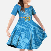 Tuvalu Christmas Family Matching Short Sleeve Bodycon Dress and Hawaiian Shirt Dolphins Santa Xmas Tribal Waves DT05 Daughter's Dress Blue - Polynesian Pride