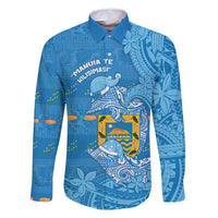 Tuvalu Christmas Family Matching Summer Maxi Dress and Hawaiian Shirt Dolphins Santa Xmas Tribal Waves DT05 Dad's Shirt - Long Sleeve Blue - Polynesian Pride