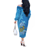Tuvalu Christmas Off The Shoulder Long Sleeve Dress Dolphins Santa Xmas Tribal Waves DT05 - Polynesian Pride