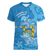 Tuvalu Christmas Women V-Neck T-Shirt Dolphins Santa Xmas Tribal Waves DT05 Female Blue - Polynesian Pride