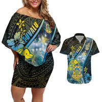 Personalised Tuvalu Couples Matching Off Shoulder Short Dress and Hawaiian Shirt Dolphin On The Waves
