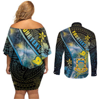 Personalised Tuvalu Couples Matching Off Shoulder Short Dress and Long Sleeve Button Shirt Dolphin On The Waves
