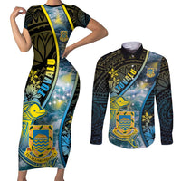 Personalised Tuvalu Couples Matching Short Sleeve Bodycon Dress and Long Sleeve Button Shirt Dolphin On The Waves