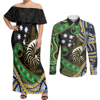 South Sea Islanders And New Caledonia Couples Matching Off Shoulder Maxi Dress and Long Sleeve Button Shirt Nautilus Shell Southern Cross Tribal Pattern DT05 Black - Polynesian Pride