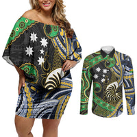 South Sea Islanders And New Caledonia Couples Matching Off Shoulder Short Dress and Long Sleeve Button Shirt Nautilus Shell Southern Cross Tribal Pattern DT05 Black - Polynesian Pride