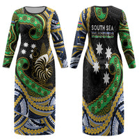 South Sea Islanders And New Caledonia Family Matching Long Sleeve Bodycon Dress and Hawaiian Shirt Nautilus Shell Southern Cross Tribal Pattern DT05 Mom's Dress Black - Polynesian Pride