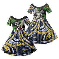 South Sea Islanders And Vanuatu Family Matching Off The Shoulder Long Sleeve Dress and Hawaiian Shirt Boar Tusk Warrior Southern Tribal Pattern DT05 Daughter's Dress Black - Polynesian Pride