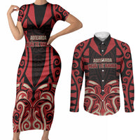 Custom Aotearoa Ngai Te Rangi Couples Matching Short Sleeve Bodycon Dress and Long Sleeve Button Shirt New Zealand Traditional Maori Pattern DT05 Red - Polynesian Pride
