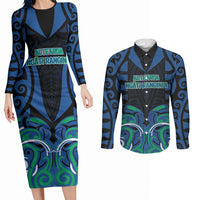 Custom Aotearoa Ngati Ranginui Couples Matching Long Sleeve Bodycon Dress and Long Sleeve Button Shirt New Zealand Traditional Maori Pattern DT05 Navy - Polynesian Pride