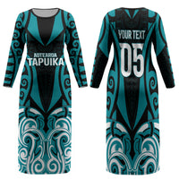 Custom Aotearoa Tapuika Family Matching Long Sleeve Bodycon Dress and Hawaiian Shirt New Zealand Traditional Maori Pattern DT05 Mom's Dress Teal - Polynesian Pride