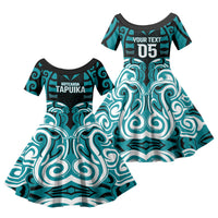 Custom Aotearoa Tapuika Family Matching Off Shoulder Short Dress and Hawaiian Shirt New Zealand Traditional Maori Pattern DT05 Daughter's Dress Teal - Polynesian Pride
