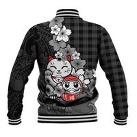 Black Palaka Hawaiian And Japanese Baseball Jacket Maneki Neko And Sakura Bloom