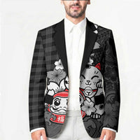 Black Palaka Hawaiian And Japanese Blazer Maneki Neko And Sakura Bloom